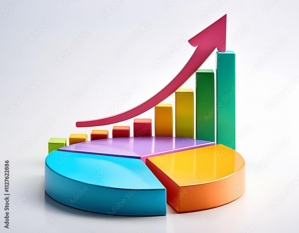 Colorful pie chart with a red arrow pointing upwards. The chart is ...