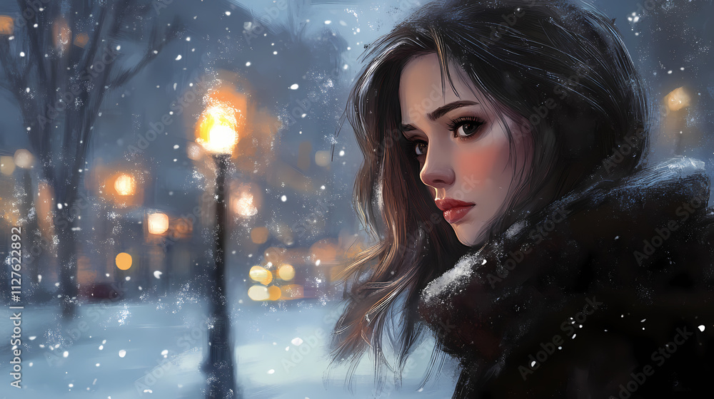 Winter serenity portrait of a woman in urban snowy scene. Serenity. Illustration Winter serenity portrait of a woman in urban snowy scene. Serenity. Illustration