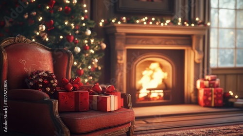 Cozy Christmas Scene with Fireplace, Gifts, and Decorated Tree