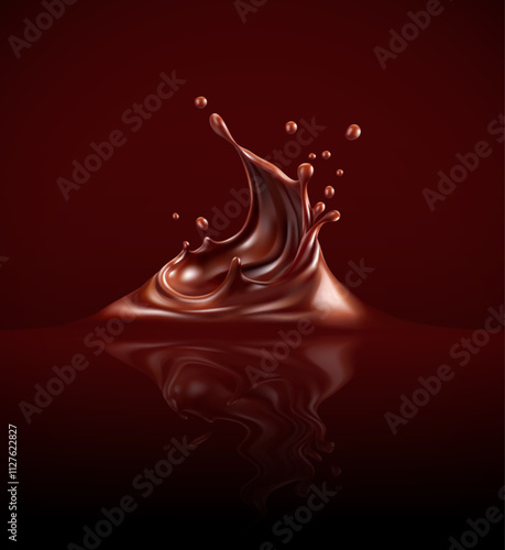 Sweet milk chocolate splash with drops, bubbles and blots. Melting liquid fluid crown drops on dark brown background reflection. Vector illustration.