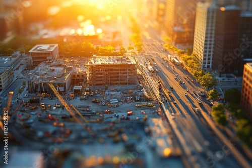 Aerial tilt shift photography of a construction site at golden hour with stunning light effects photo