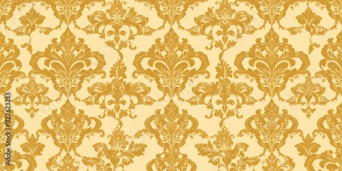 Intricately designed Seamless Damask wallpaper in elegant tones of gold and cream, texture