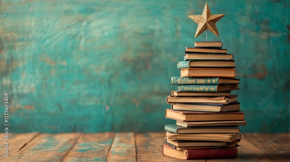Creative book Christmas tree with teal festive backdrop Creative book Christmas tree with teal festive backdrop