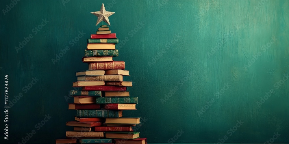 Creative book Christmas tree with teal festive backdrop Creative book Christmas tree with teal festive backdrop