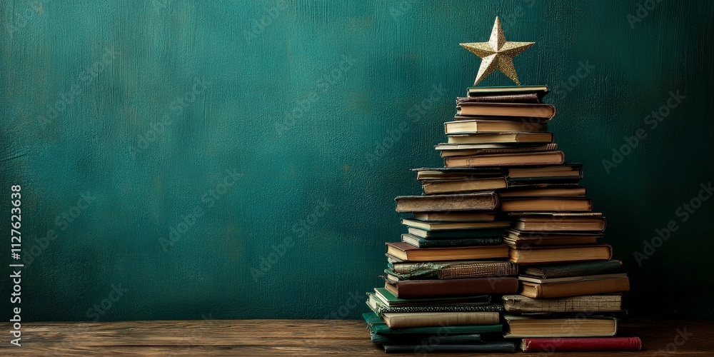 Creative book Christmas tree with teal festive backdrop Creative book Christmas tree with teal festive backdrop