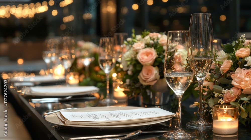 Elegant table setting with floral arrangements, candles, and sparkling glassware for a romantic wedding reception or special event in a beautifully decorated venue Elegant table setting with floral arrangements, candles, and sparkling glassware for a romantic wedding reception or special event in a beautifully decorated venue