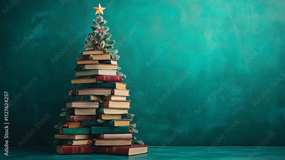Creative book Christmas tree with teal festive backdrop Creative book Christmas tree with teal festive backdrop