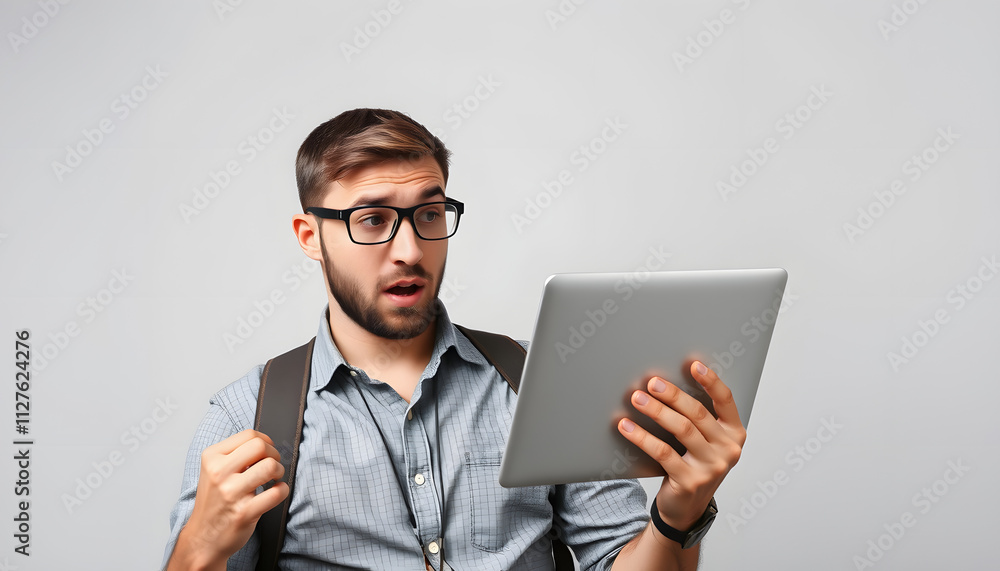 Humorous stock photo concept of bad student who engaged in unproductive studying habits. Guy holding laptop if it were book, highlighting lack of focus and attention to task at hand isolated with wh Humorous stock photo concept of bad student who engaged in unproductive studying habits. Guy holding laptop if it were book, highlighting lack of focus and attention to task at hand isolated with wh