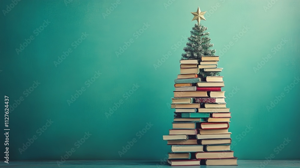 Creative book Christmas tree with teal festive backdrop Creative book Christmas tree with teal festive backdrop