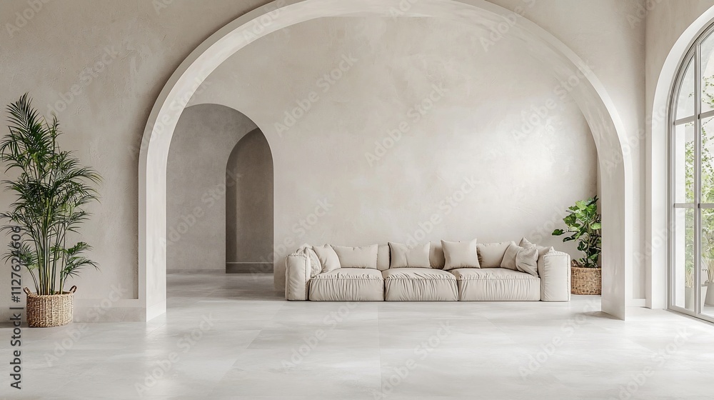 Minimalist living room with arched doorways, beige walls, and a cream sofa. Minimalist living room with arched doorways, beige walls, and a cream sofa.