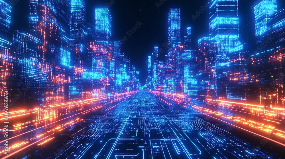 Digital Cityscape Neon Lights Illuminated Street Digital Cityscape Neon Lights Illuminated Street