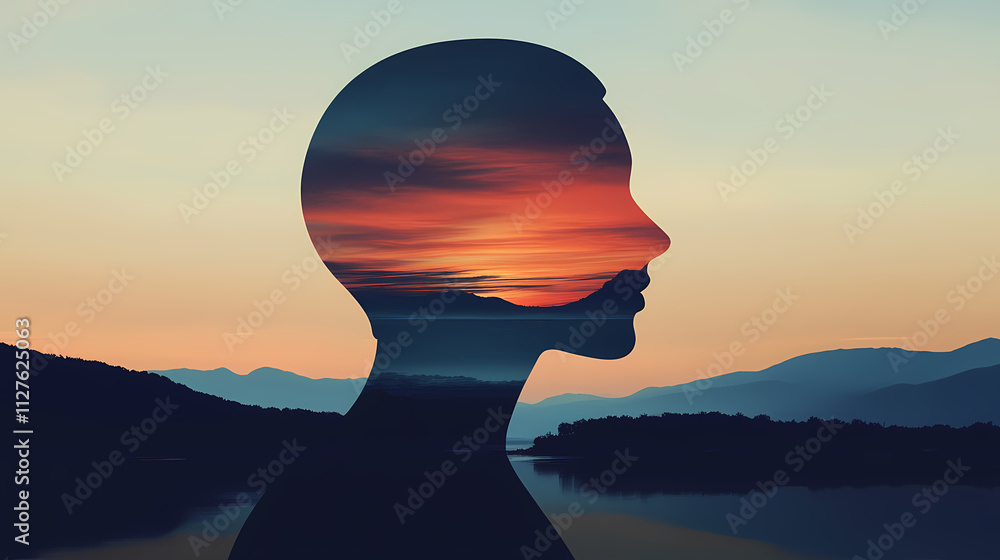 Silhouette of a human head with a tranquil landscape background, representing mental serenity and inner calm, clear space for messaging. Serenity. Illustration Silhouette of a human head with a tranquil landscape background, representing mental serenity and inner calm, clear space for messaging. Serenity. Illustration