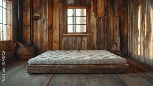 Wallpaper Mural Cozy Minimalist Bedroom with Wooden Walls and Simple Mattress Torontodigital.ca