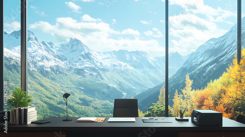 Serene mountain vista as immersive virtual meeting background photorealistic detail blends with subtle digital enhancements zeninspired home office setup in foreground. Serenity. Illustration