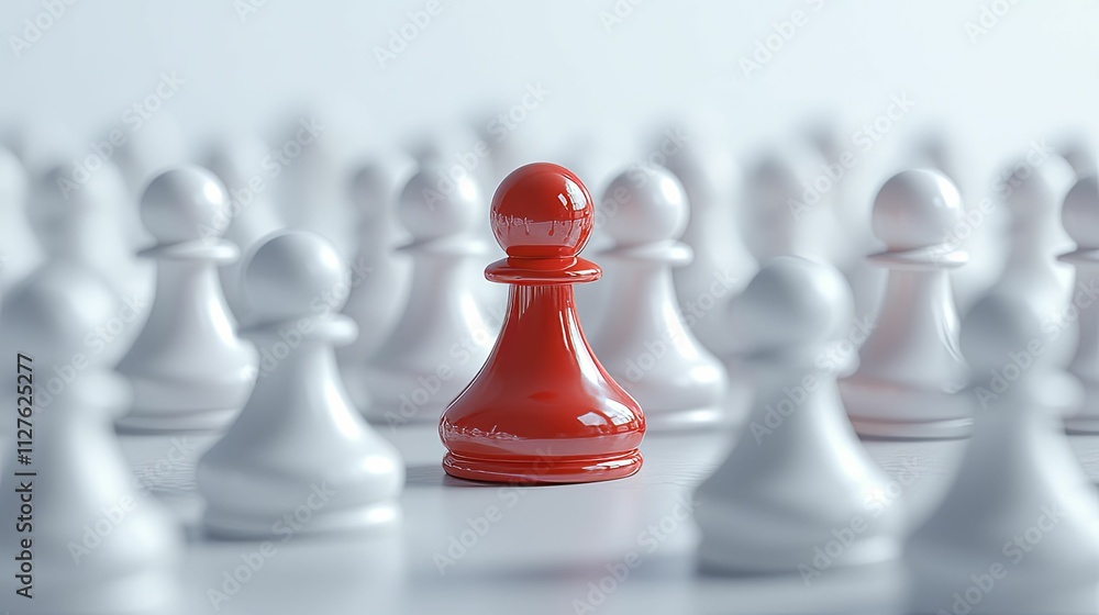 Red chess piece stands out among white pawns Red chess piece stands out among white pawns