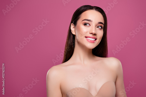 Photo of charming attractive lady nude shoulders dreaming healthy body emtpy space isolated pink color background