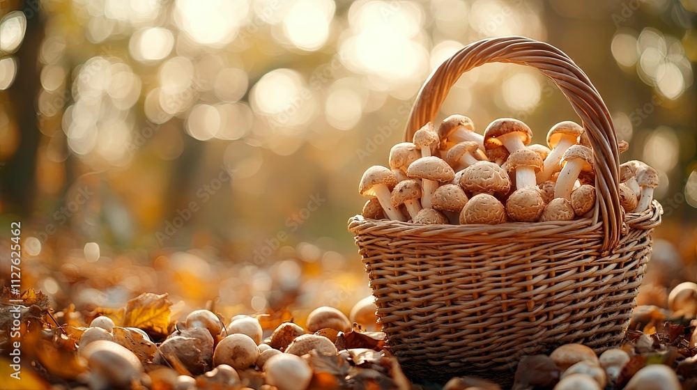 Autumn Mushrooms In A Wicker Basket In Woods Autumn Mushrooms In A Wicker Basket In Woods