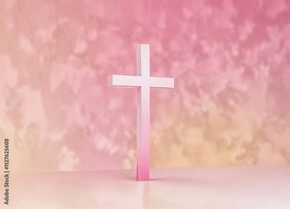 Naklejka premium Soft pale yellow to pink gradient background with white cross design, serenity, symbol, abstract, religion