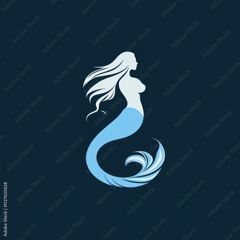 Elegant mermaid silhouette with flowing hair and tail against a dark blue background. Elegant mermaid silhouette with flowing hair and tail against a dark blue background.