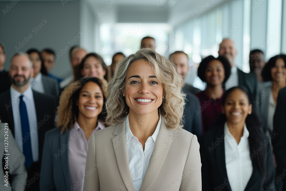 Happy Female Boss with her diverse office staff standing in soft focus behind her in a bright modern office Happy Female Boss with her diverse office staff standing in soft focus behind her in a bright modern office