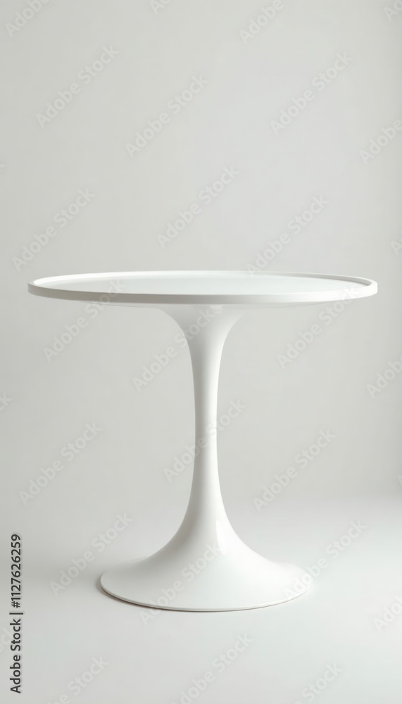Sleek white pedestal table with tulip base, circular top. Modern design against neutral background. Minimalist style furniture piece. Simple design for living room home office. Versatile piece for Sleek white pedestal table with tulip base, circular top. Modern design against neutral background. Minimalist style furniture piece. Simple design for living room home office. Versatile piece for
