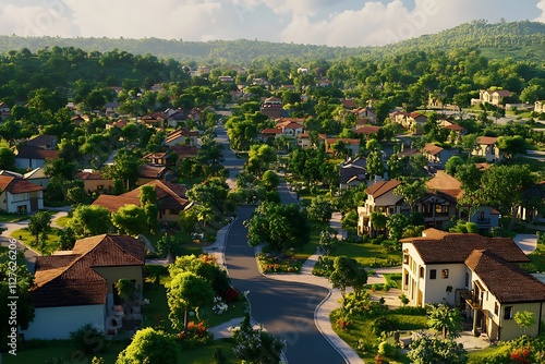 Aerial view of a suburban neighborhood filled with houses and greenery.