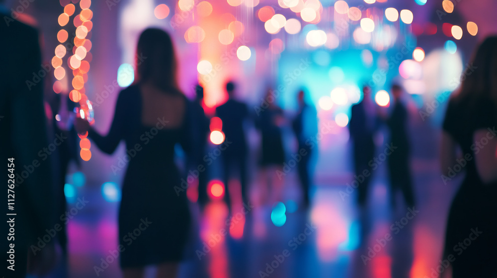 Elegant individuals enjoying a lively party atmosphere with colorful bokeh lights and guests socializing in the background Elegant individuals enjoying a lively party atmosphere with colorful bokeh lights and guests socializing in the background