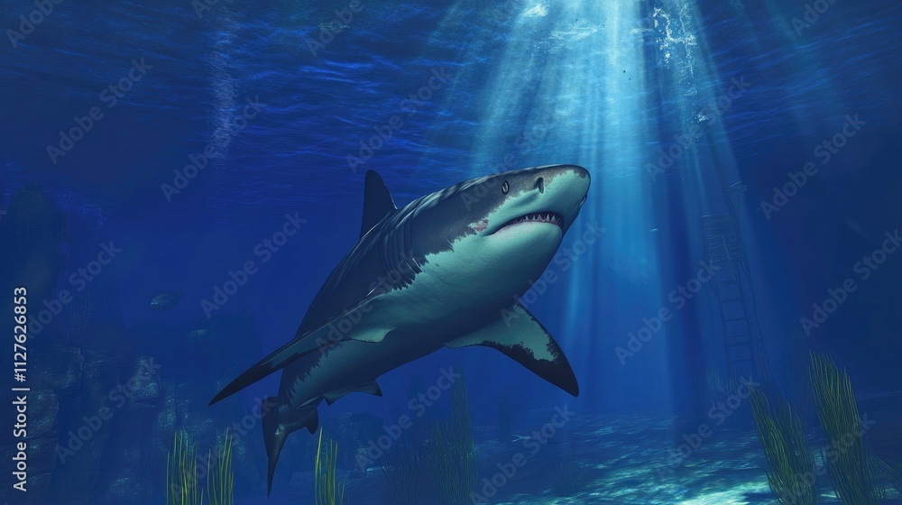 Fototapeta premium Majestic Great White Shark Swimming in Vibrant Underwater Scene