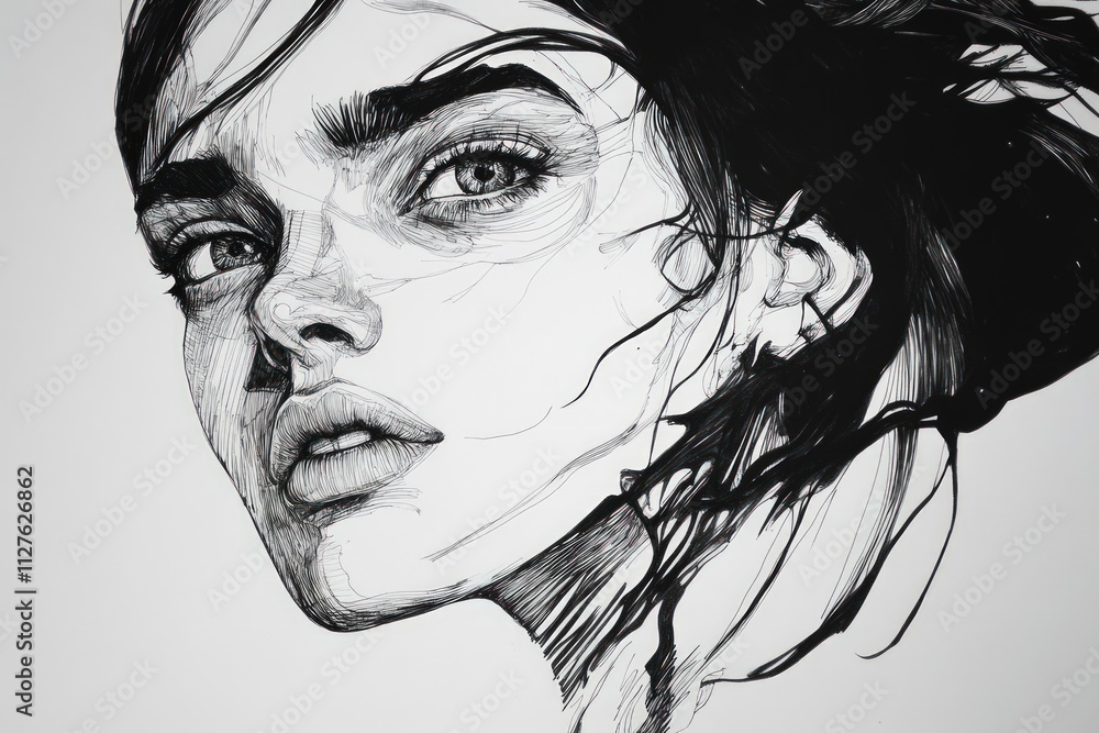 Intricate pen-and-ink portrait of a woman. Intricate pen-and-ink portrait of a woman.