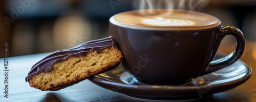 A chocolatedipped biscotti resting on the edge of a cappuccino cup, steam rising in soft focus, coffee and snack pairing, elegant simplicity photo