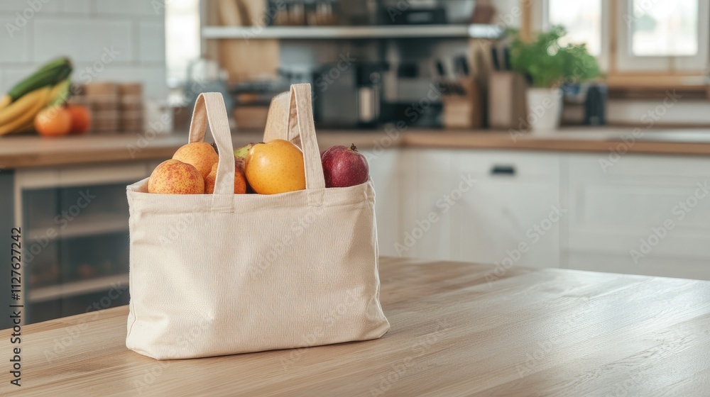 Fresh Fruits in a Fabric Bag on a Wooden Kitchen Table Fresh Fruits in a Fabric Bag on a Wooden Kitchen Table