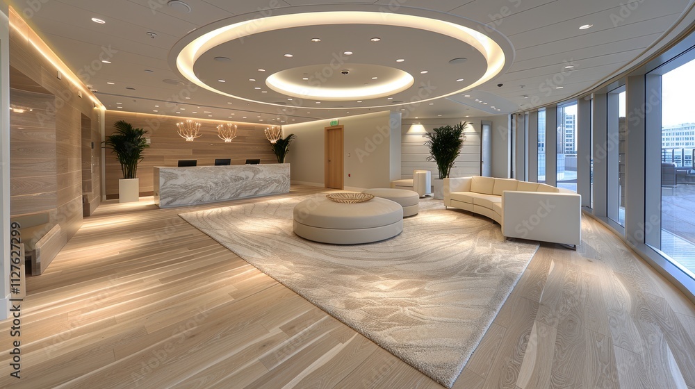 Luxurious Contemporary Office Lobby with Elegant Scandinavian Design Featuring Circular Light Fixture and Minimalist Furnishings Luxurious Contemporary Office Lobby with Elegant Scandinavian Design Featuring Circular Light Fixture and Minimalist Furnishings