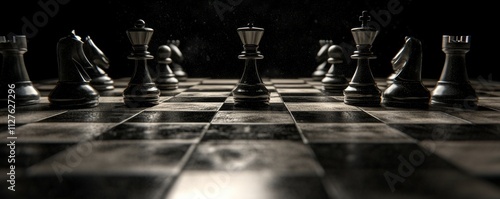 A chessboard midgame with critical moves highlighted, representing strategic business risks, strategy and foresight, business planning photo