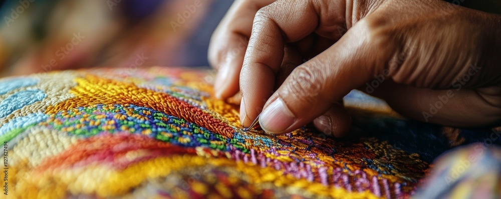 A closeup of an artisan embroidering vivid patterns on silk fabric, handmade embroidery, precision and cultural expression A closeup of an artisan embroidering vivid patterns on silk fabric, handmade embroidery, precision and cultural expression