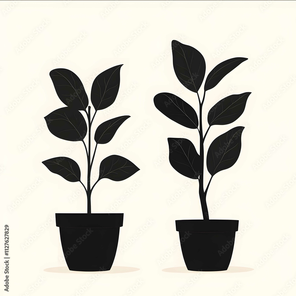 2 absolutely flat black sillhouette of a Ficus Altissima plants side by side each in similar a simple rounded cilinderpot one is a young plant and the second is 3 year 2 absolutely flat black sillhouette of a Ficus Altissima plants side by side each in similar a simple rounded cilinderpot one is a young plant and the second is 3 year