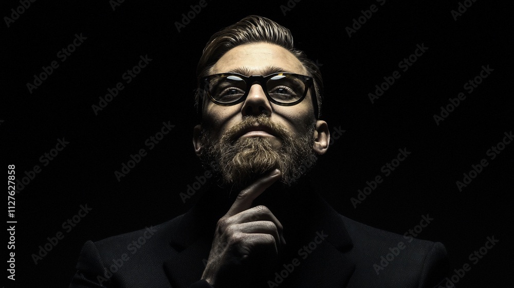Obraz premium Pensive man with beard and glasses in dark background.