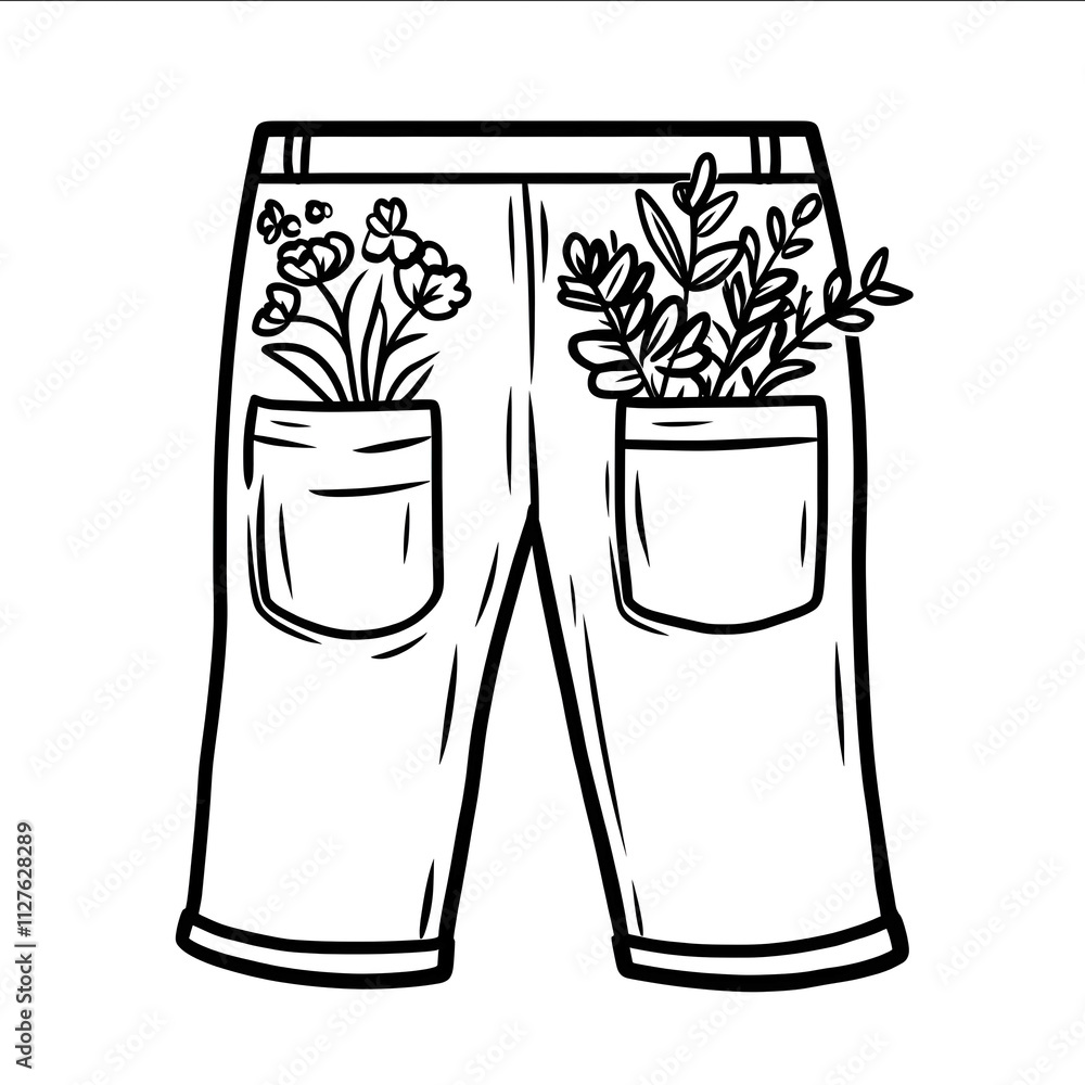 black and white simple icon line drawing trousers with a pocket on the back with plants and flowers coming out of one pocket only black and white simple icon line drawing trousers with a pocket on the back with plants and flowers coming out of one pocket only