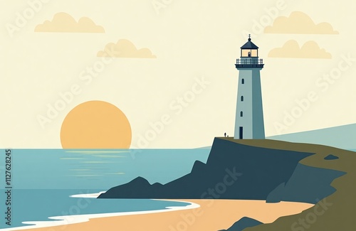 Coastal lighthouse stands on cliff overlooking ocean horizon. Sunrise paints sky soft yellow, orange. Calm sea reflects light. Minimalist style art captures serene coastal scene. Perfect for travel