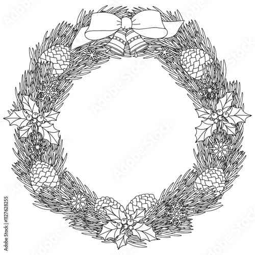 Coloring page for adults and children. Christmas wreath.
