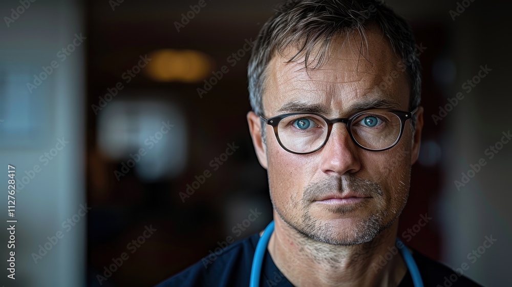Portrait of a Contemplative Middle-Aged Male with Glasses in a Dimly Lit Room Evoking Introspection and Wisdom in His Gaze Portrait of a Contemplative Middle-Aged Male with Glasses in a Dimly Lit Room Evoking Introspection and Wisdom in His Gaze
