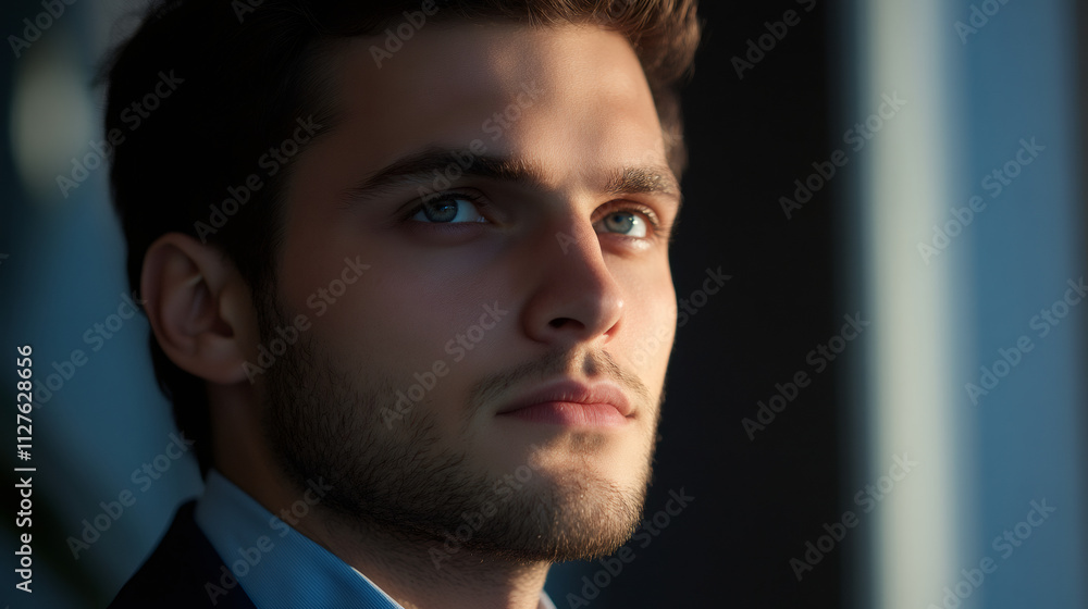 Fototapeta premium Close-up of thoughtful businessman looking out window, contemplating future business strategies in modern office