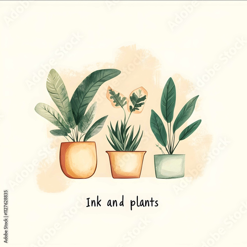 a YouTube or instagram profile picture including the channels name Ink and plants it should include some minimalistic plants and a pastel beige and green colour palett photo