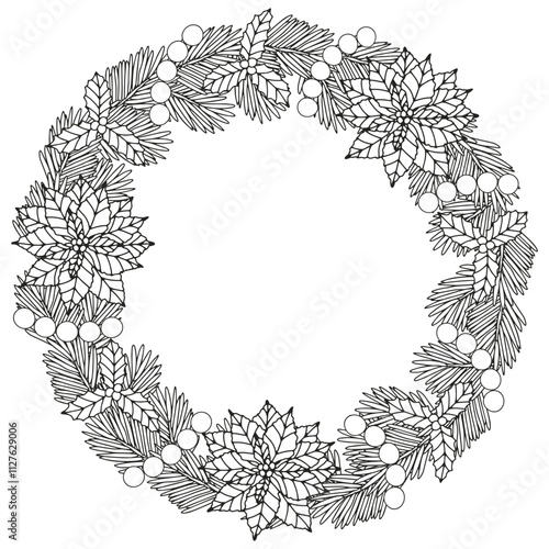 Coloring page for adults and children. Christmas wreath.