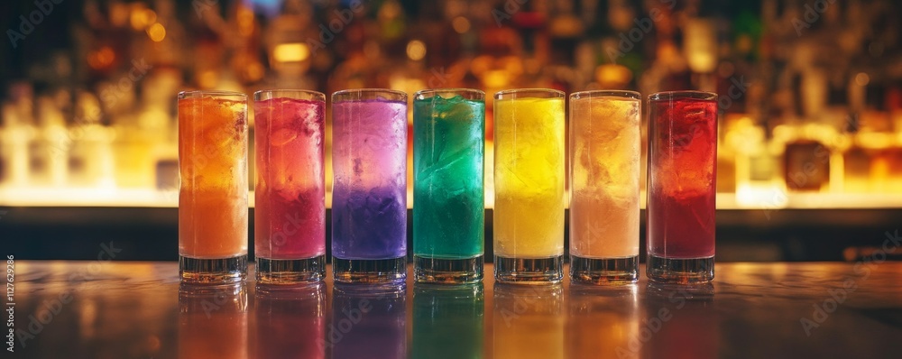 A vibrant photo of a row of bright multicolored cocktails neatly lined up on the bar table, creating a festive and lively atmosphere A vibrant photo of a row of bright multicolored cocktails neatly lined up on the bar table, creating a festive and lively atmosphere