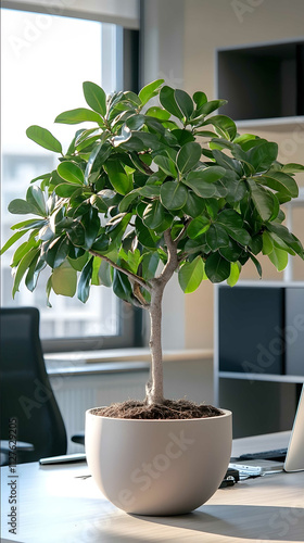 a big metrosideros tree in the pot on the office table photo