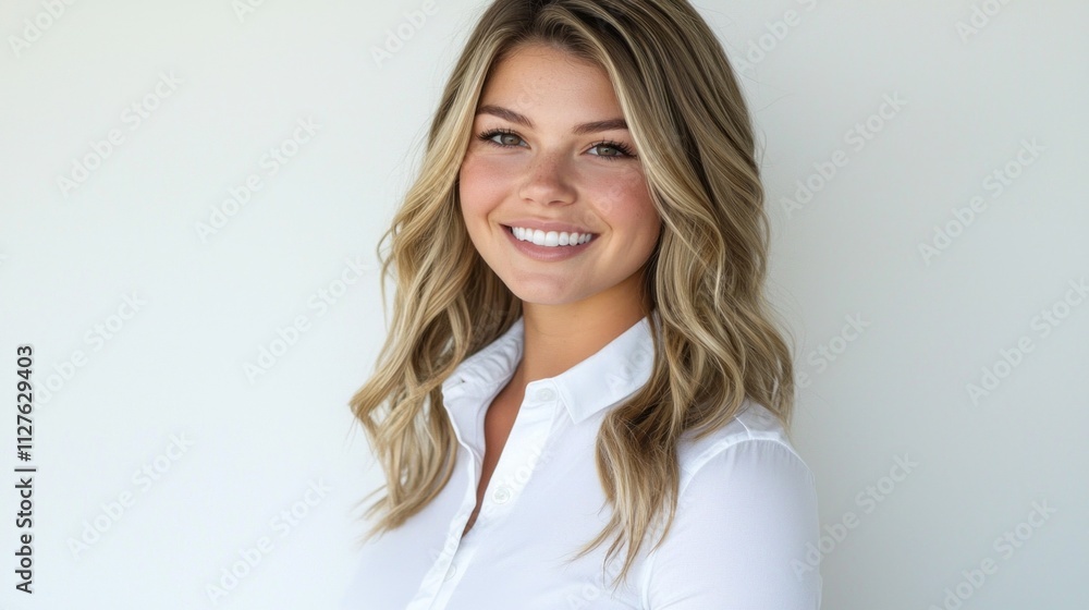 A cheerful woman with flowing blonde hair beams widely, showcasing her joyful spirit. The soft background highlights her radiant smile, capturing a moment of happiness and warmth A cheerful woman with flowing blonde hair beams widely, showcasing her joyful spirit. The soft background highlights her radiant smile, capturing a moment of happiness and warmth