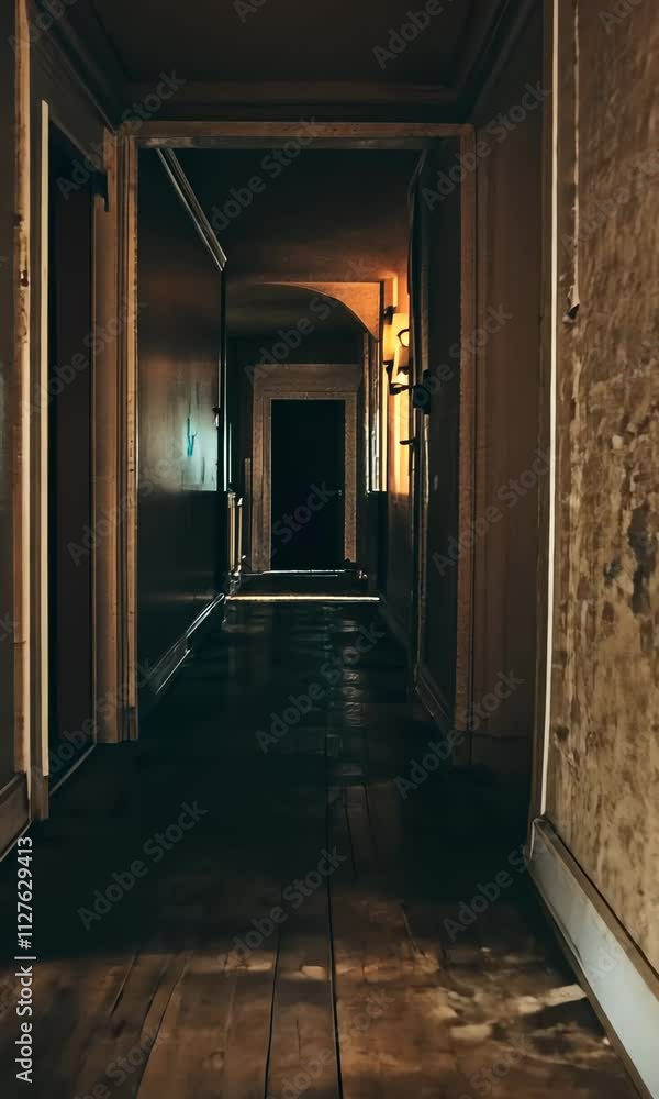 Dark hallway within an abandoned building showcasing peeling walls and vacant doors during golden hour Dark hallway within an abandoned building showcasing peeling walls and vacant doors during golden hour