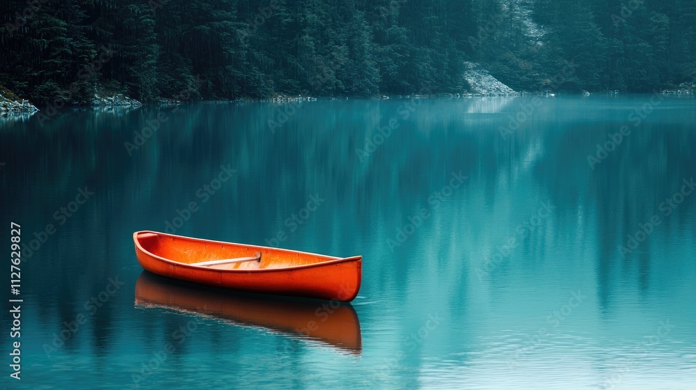 Serene Orange Canoe on Calm Blue Water Surrounded by Tall Trees Serene Orange Canoe on Calm Blue Water Surrounded by Tall Trees