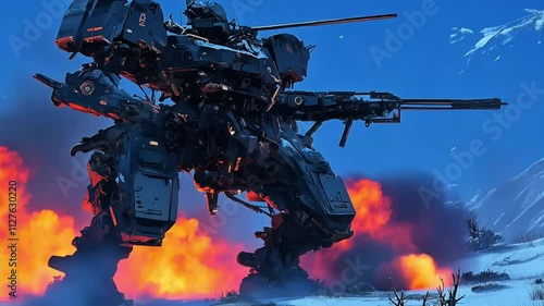 Futuristic combat mech in action with flames and smoke in the background
 photo