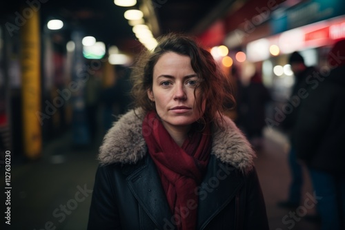 young beautiful woman in the city at night in black coat and red scarf